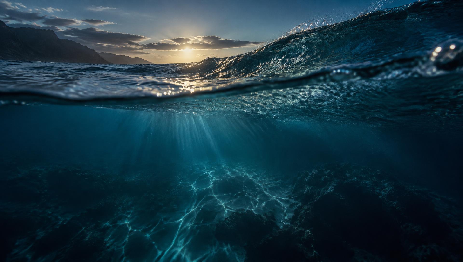 Sunlight falling through clear ocean water beneath a folding wave